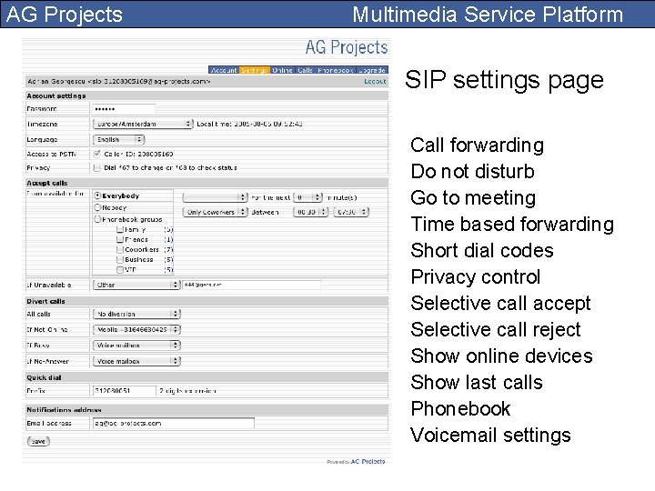 AG Projects Multimedia Service Platform SIP settings page Call forwarding Do not disturb Go