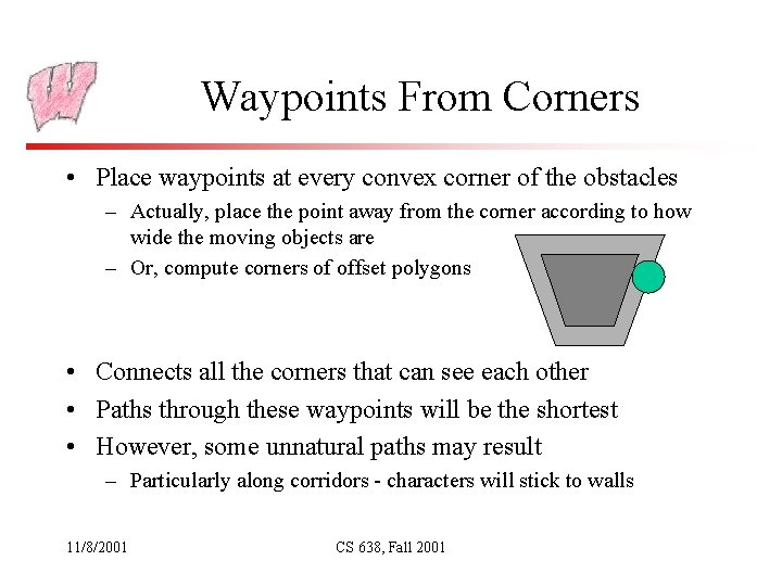 Waypoints From Corners • Place waypoints at every convex corner of the obstacles –