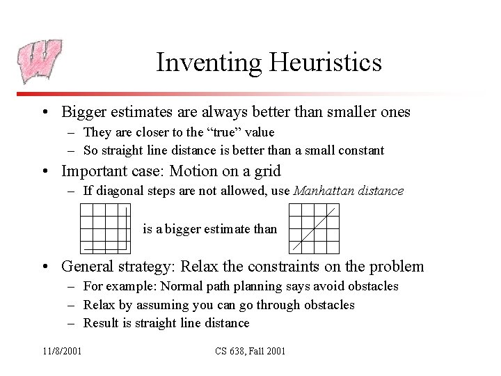 Inventing Heuristics • Bigger estimates are always better than smaller ones – They are