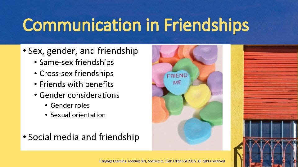 Communication in Friendships • Sex, gender, and friendship • Same-sex friendships • Cross-sex friendships