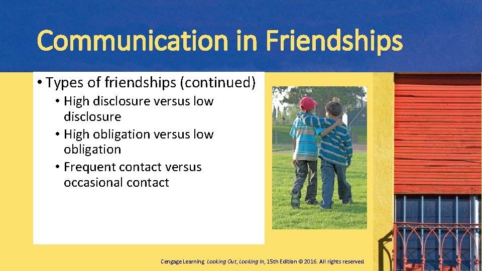 Communication in Friendships • Types of friendships (continued) • High disclosure versus low disclosure