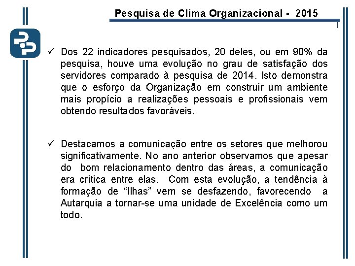 Pesquisa de Clima Organizacional - 2015 l ü Dos 22 indicadores pesquisados, 20 deles,