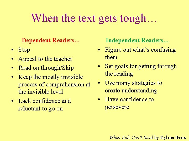 When the text gets tough… Dependent Readers… Independent Readers… Stop Appeal to the teacher When the text gets tough… Dependent Readers… Independent Readers… Stop Appeal to the teacher