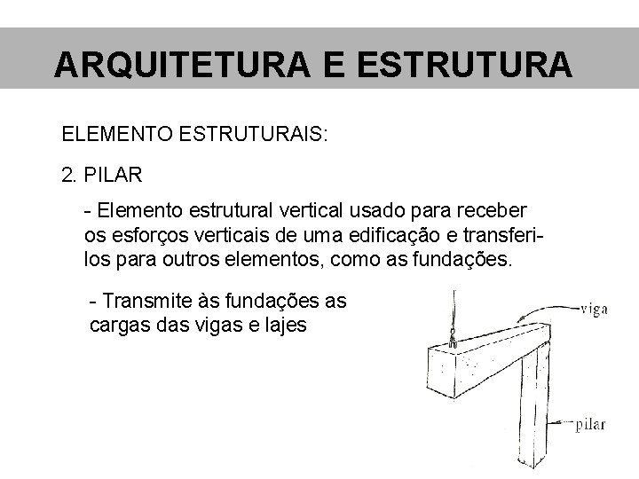 ARQUITETURA E ESTRUTURA ELEMENTO ESTRUTURAIS: 2. PILAR - Elemento estrutural vertical usado para receber