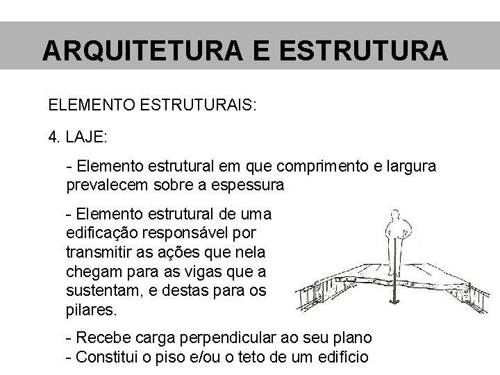 ARQUITETURA E ESTRUTURA ELEMENTO ESTRUTURAIS: 4. LAJE: - Elemento estrutural em que comprimento e