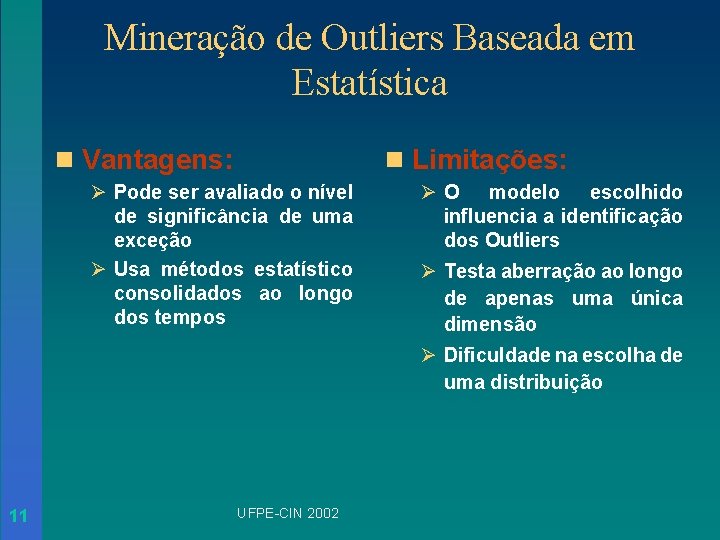 Mineração de Outliers Baseada em Estatística n Vantagens: n Limitações: Ø Pode ser avaliado