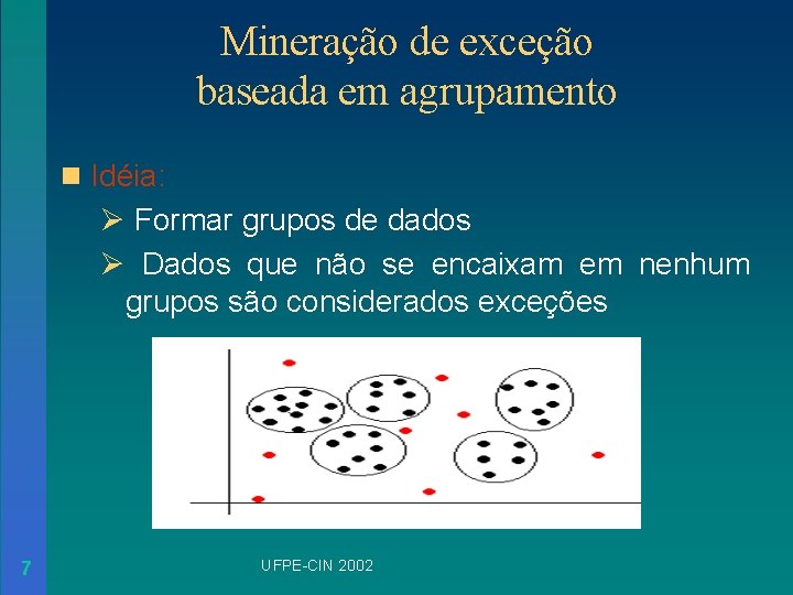 Mineração de exceção baseada em agrupamento n Idéia: Ø Formar grupos de dados Ø