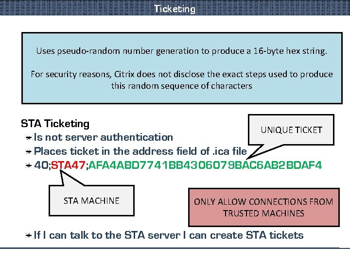 Ticketing Nfuse Ticket Uses pseudo-random generation Apparently it has number an expiry time to