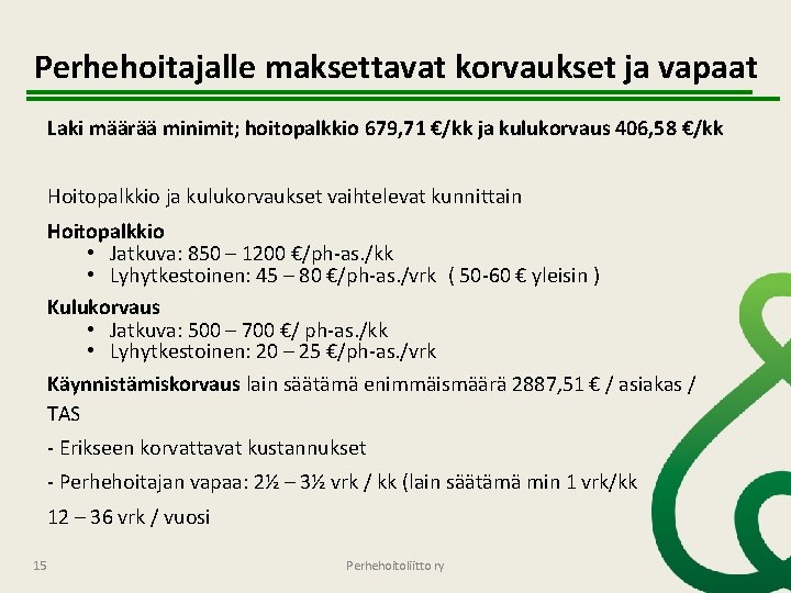 Perhehoitajalle maksettavat korvaukset ja vapaat Laki määrää minimit; hoitopalkkio 679, 71 €/kk ja kulukorvaus