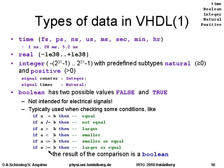 Types of data in VHDL(1) time Boolean Integer Natural Positive • time (fs, ps,