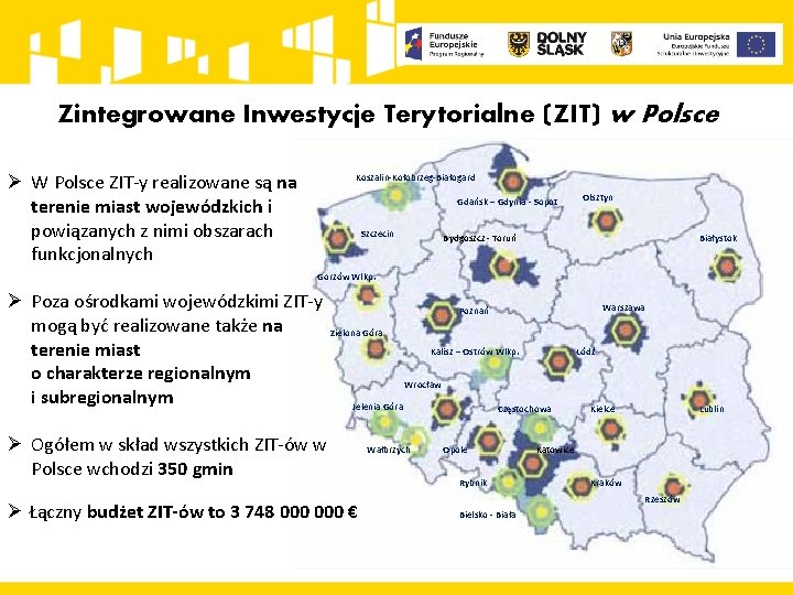 Zintegrowane Inwestycje Terytorialne (ZIT) w Polsce Ø W Polsce ZIT-y realizowane są na terenie