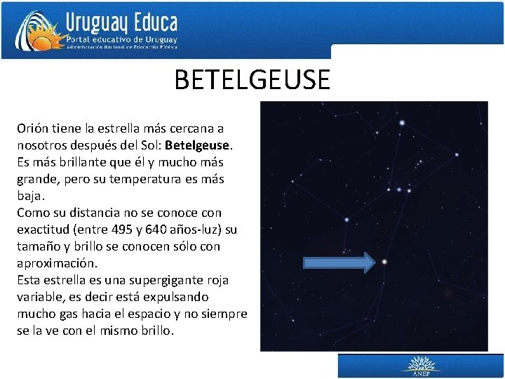 BETELGEUSE Orión tiene la estrella más cercana a nosotros después del Sol: Betelgeuse. Es