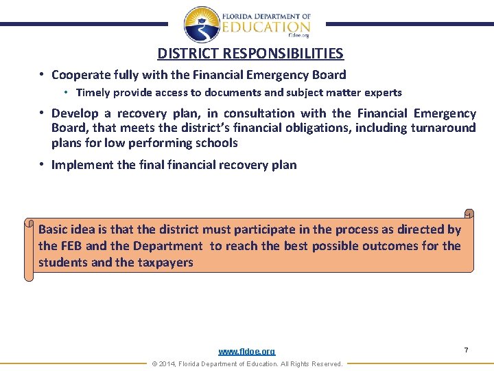 DISTRICT RESPONSIBILITIES • Cooperate fully with the Financial Emergency Board • Timely provide access