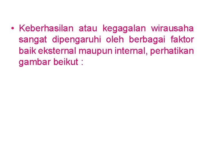  • Keberhasilan atau kegagalan wirausaha sangat dipengaruhi oleh berbagai faktor baik eksternal maupun