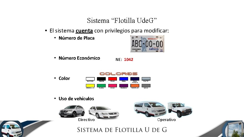 Sistema “Flotilla Ude. G” • El sistema cuenta con privilegios para modificar: • Número