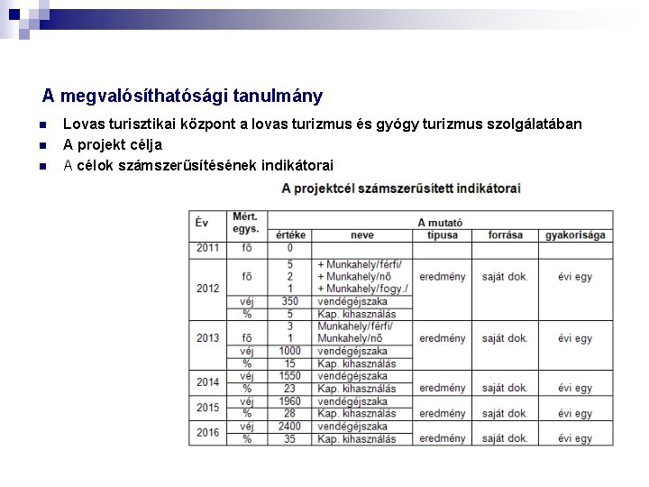 A megvalósíthatósági tanulmány n n n Lovas turisztikai központ a lovas turizmus és gyógy