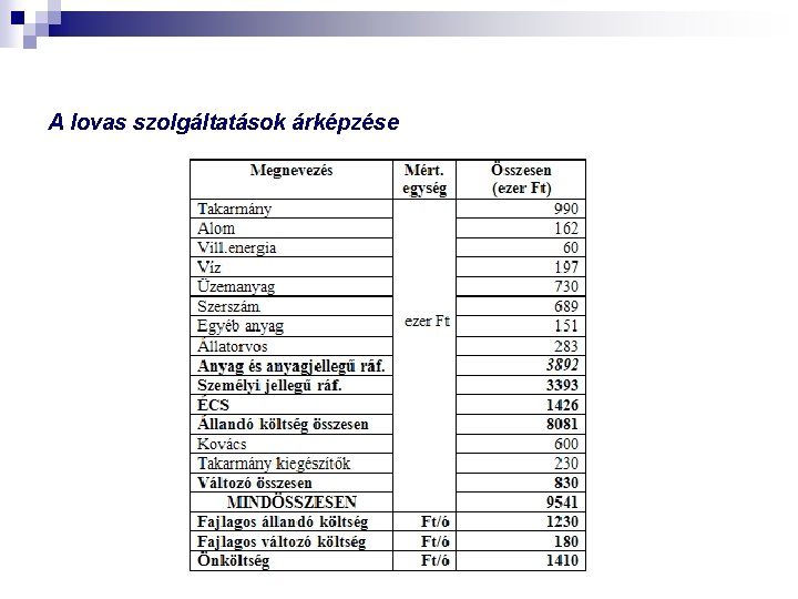 A lovas szolgáltatások árképzése 