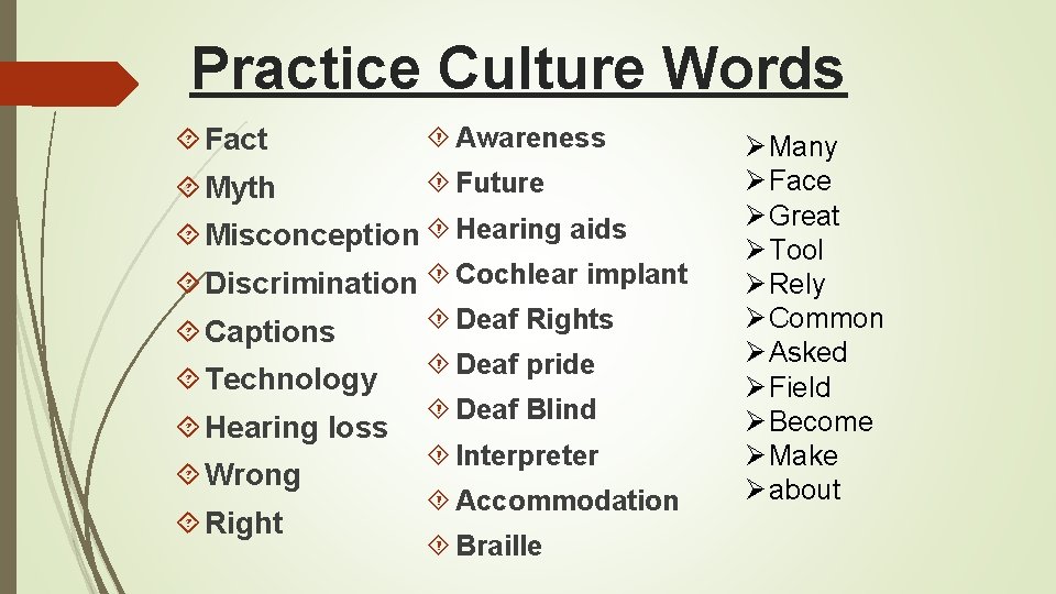 Practice Culture Words Fact Awareness Myth Future Misconception Hearing aids Discrimination Cochlear implant Captions
