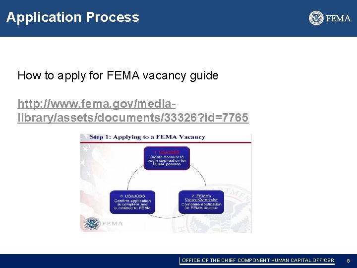 Application Process How to apply for FEMA vacancy guide http: //www. fema. gov/medialibrary/assets/documents/33326? id=7765