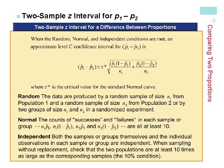 z Interval for p 1 – p 2 Comparing Two Proportions Two-Sample z Interval