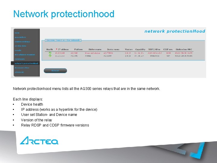 Network protectionhood menu lists all the AQ 300 series relays that are in the