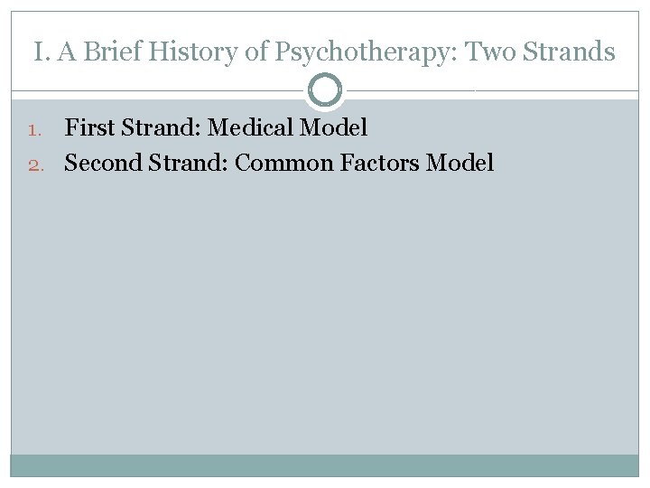 I. A Brief History of Psychotherapy: Two Strands First Strand: Medical Model 2. Second