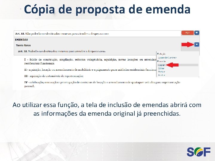 Cópia de proposta de emenda Ao utilizar essa função, a tela de inclusão de