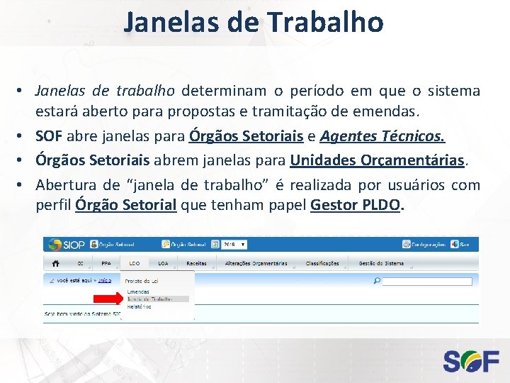 Janelas de Trabalho • Janelas de trabalho determinam o período em que o sistema