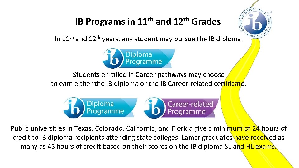 IB Programs in 11 th and 12 th Grades In 11 th and 12