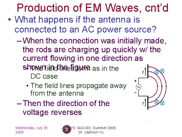 Production of EM Waves, cnt’d • What happens if the antenna is connected to