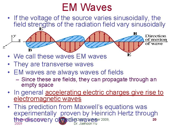 EM Waves • If the voltage of the source varies sinusoidally, the field strengths