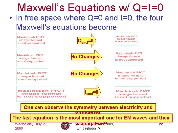 Maxwell’s Equations w/ Q=I=0 • In free space where Q=0 and I=0, the four