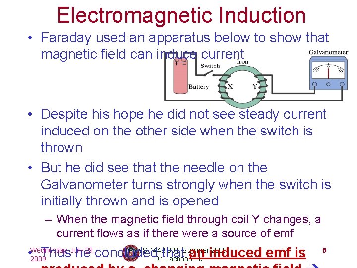 Electromagnetic Induction • Faraday used an apparatus below to show that magnetic field can