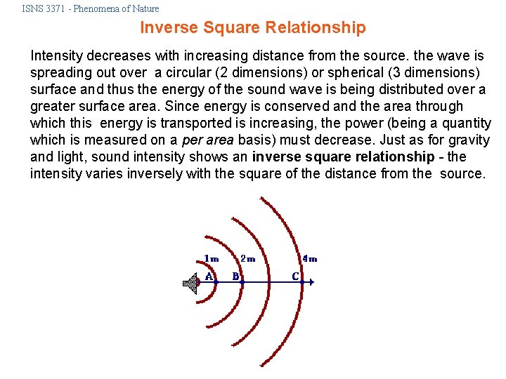 ISNS 3371 - Phenomena of Nature Inverse Square Relationship Intensity decreases with increasing distance