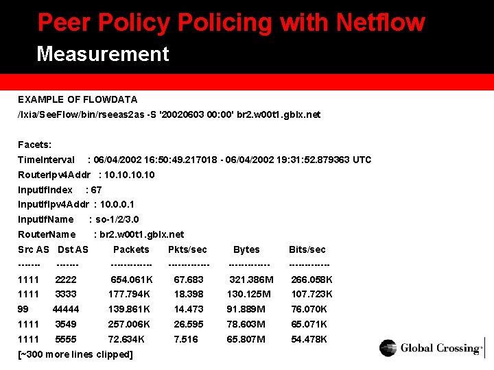 Peer Policy Policing with Netflow Measurement EXAMPLE OF FLOWDATA /Ixia/See. Flow/bin/rseeas 2 as -S