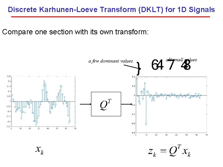 Discrete Karhunen-Loeve Transform (DKLT) for 1 D Signals Compare one section with its own