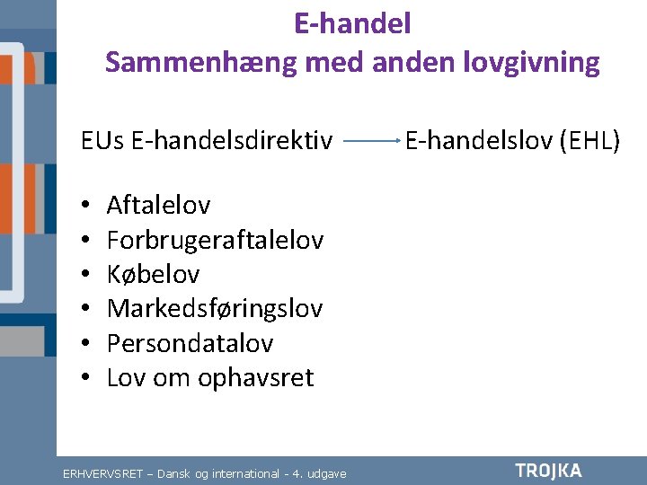 E-handel Sammenhæng med anden lovgivning EUs E-handelsdirektiv • • • Aftalelov Forbrugeraftalelov Købelov Markedsføringslov