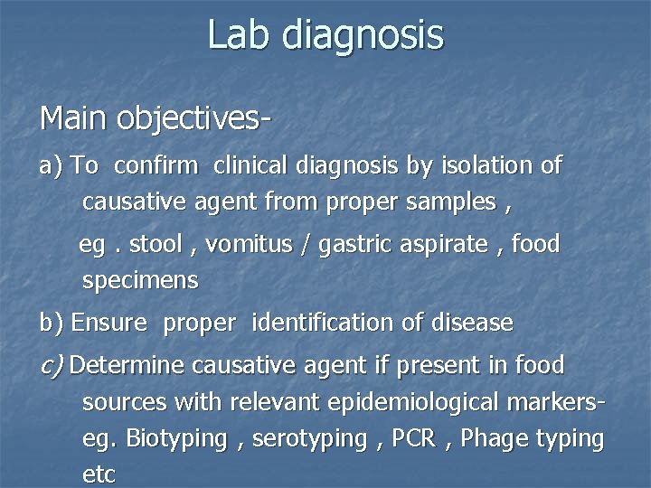 Lab diagnosis Main objectivesa) To confirm clinical diagnosis by isolation of causative agent from Lab diagnosis Main objectivesa) To confirm clinical diagnosis by isolation of causative agent from