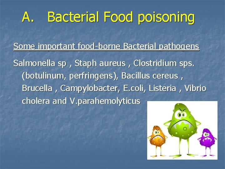 A. Bacterial Food poisoning Some important food-borne Bacterial pathogens Salmonella sp , Staph aureus A. Bacterial Food poisoning Some important food-borne Bacterial pathogens Salmonella sp , Staph aureus