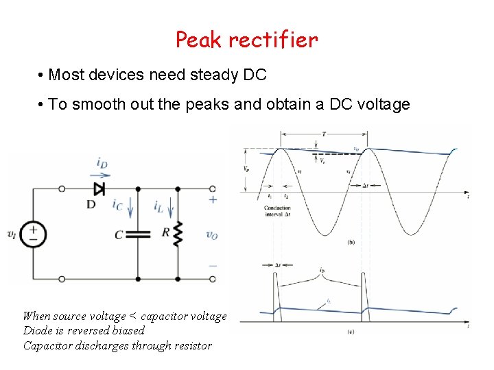 Peak rectifier • Most devices need steady DC • To smooth out the peaks