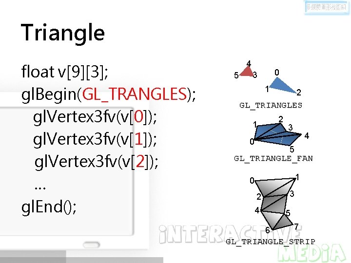 Triangle float v[9][3]; gl. Begin(GL_TRANGLES); gl. Vertex 3 fv(v[0]); gl. Vertex 3 fv(v[1]); gl.