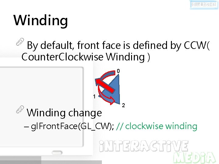 Winding By default, front face is defined by CCW( Counter. Clockwise Winding ) 0