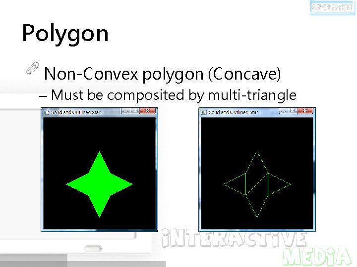 Polygon Non-Convex polygon (Concave) – Must be composited by multi-triangle 