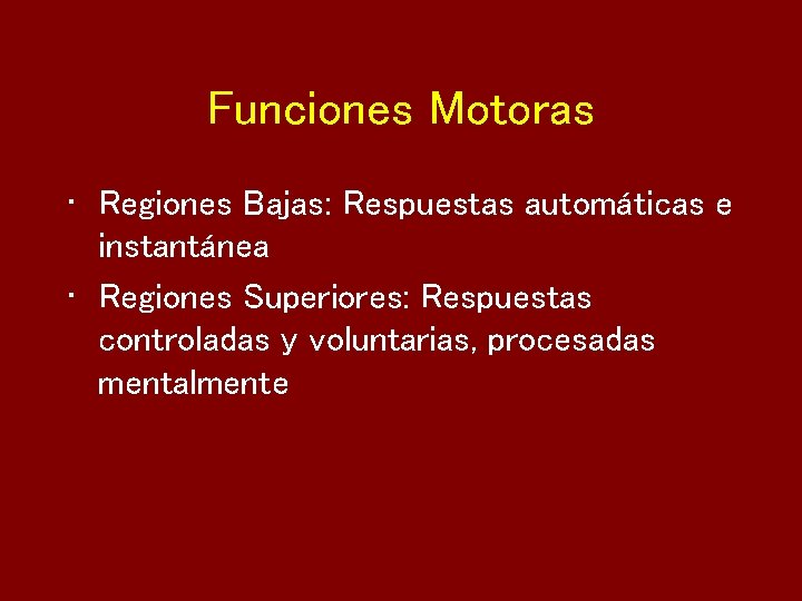 Funciones Motoras • Regiones Bajas: Respuestas automáticas e instantánea • Regiones Superiores: Respuestas controladas