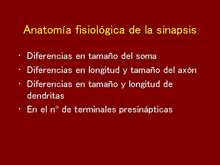Anatomía fisiológica de la sinapsis • Diferencias en tamaño del soma • Diferencias en