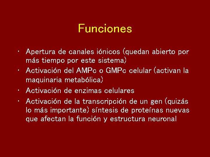 Funciones • Apertura de canales iónicos (quedan abierto por más tiempo por este sistema)