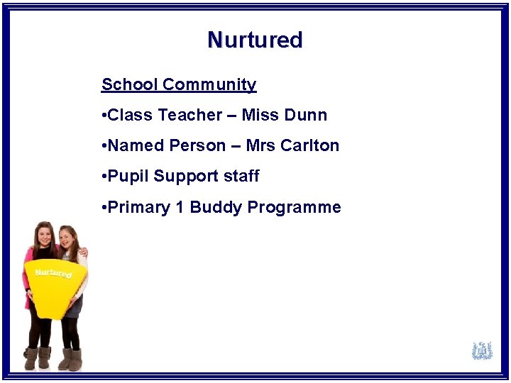 Nurtured School Community • Class Teacher – Miss Dunn • Named Person – Mrs