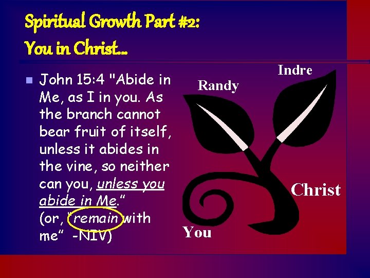 Spiritual Growth Part #2: You in Christ… n John 15: 4 "Abide in Randy