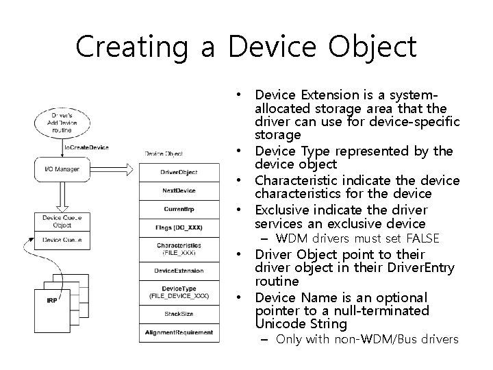Creating a Device Object • Device Extension is a systemallocated storage area that the