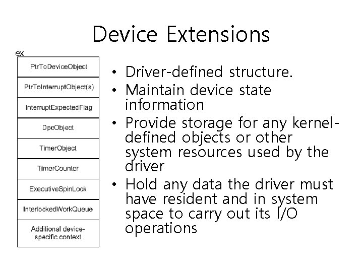 ex Device Extensions • Driver-defined structure. • Maintain device state information • Provide storage
